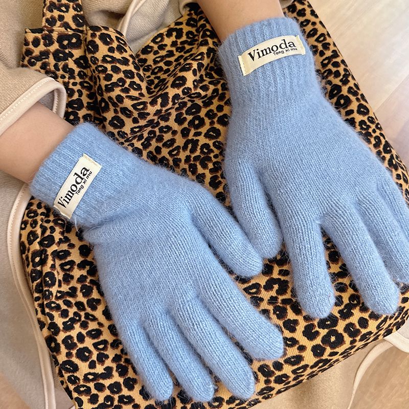 韩版兔毛露指触屏手套女冬季五指防寒手套防风女生保暖针织手套LQ