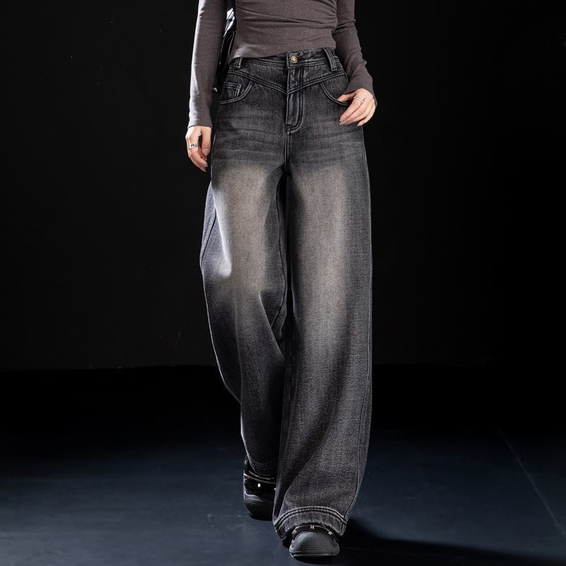 加绒直筒牛仔裤女2025新款爆款超火裤子秋冬季窄版阔腿裤高腰长裤