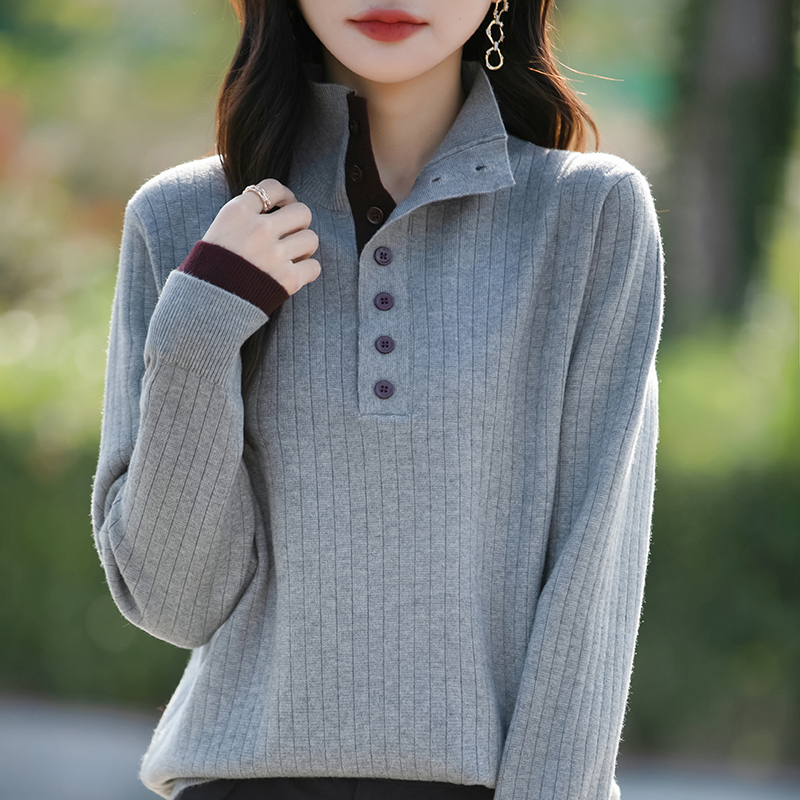 假两件加厚半开领针织羊毛衫女秋冬高领宽松毛衣大码内搭打底衫
