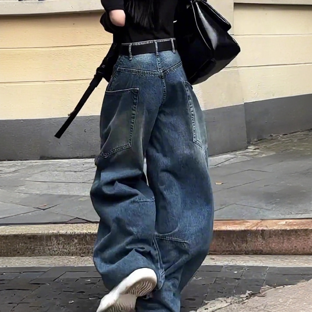 大码美式高街复古弯刀牛仔裤女设计感宽松垂感堆积感阔腿拖地长裤