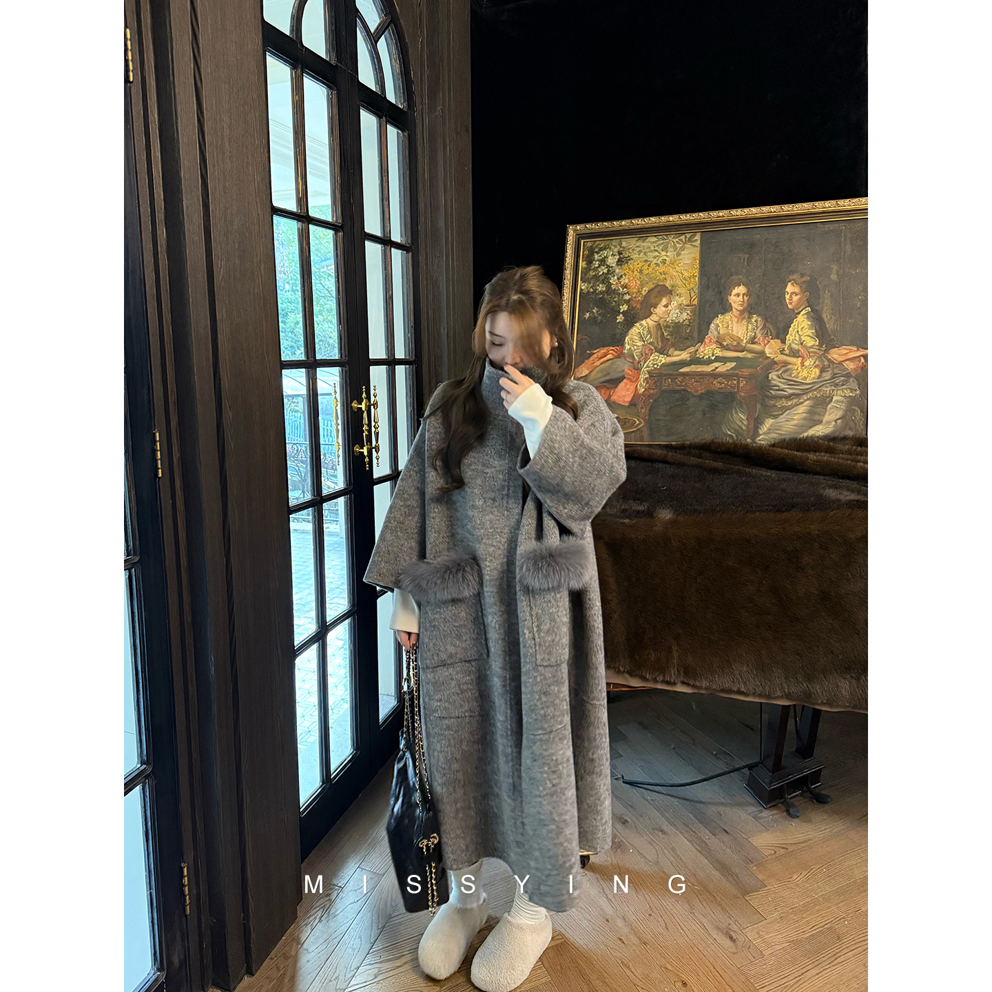 应小姐【柏林之夜】微胖大码绵羊毛+桑蚕丝+羊驼毛双面呢斗篷大衣