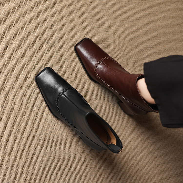 6cm 法式气质百搭粗跟棕色短靴春秋通勤休闲韩版简约时尚方头短靴