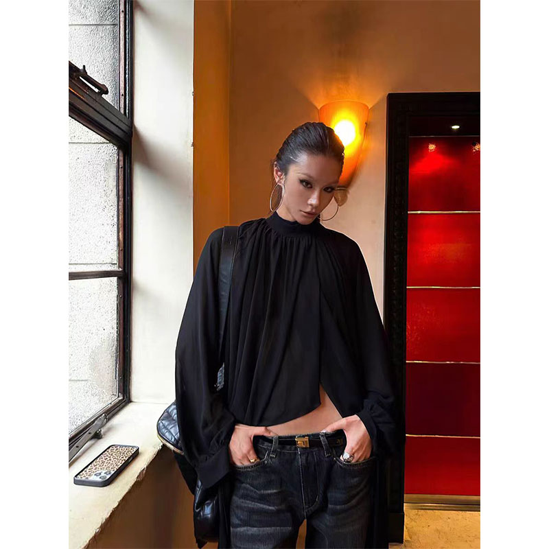 【隐衫之欲 】秋季新款ins小众设计感黑色纱质飘感上衣+高腰牛仔裤