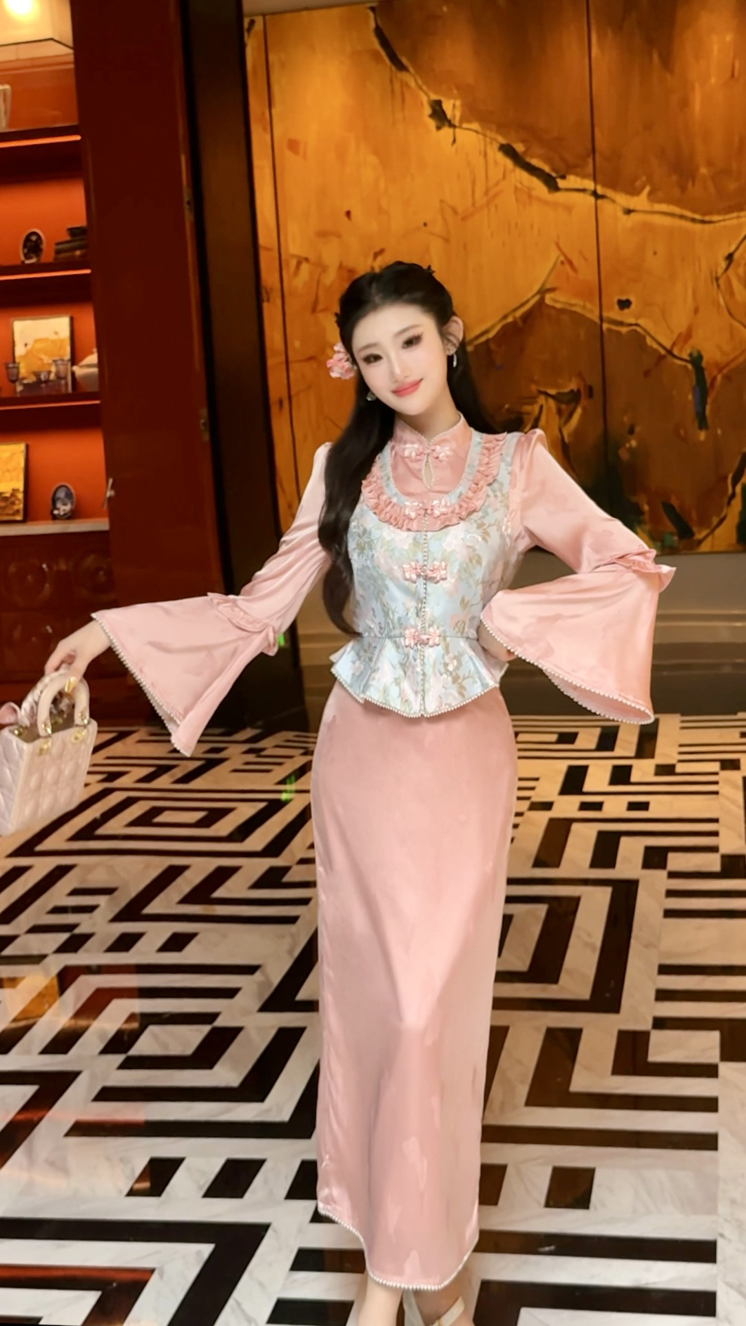 【媛珠 秋玉锁香】重工新中式国风提花木耳边旗袍+马甲两件套长袖