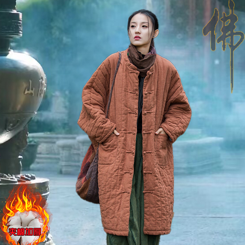 居士服女款亚麻夹棉加厚棉衣棉服女长款宽松盘扣保暖外套复古棉袄