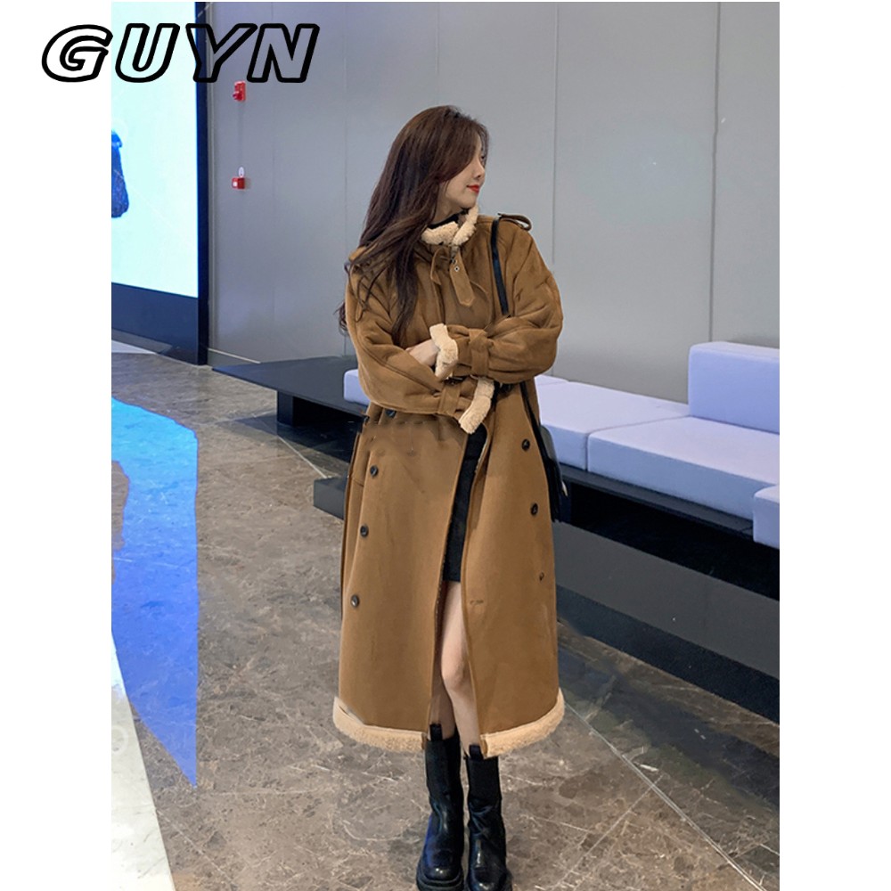 GUYN羊羔麂皮绒毛呢外套女25秋冬中长款加绒加厚皮毛一体呢子大衣