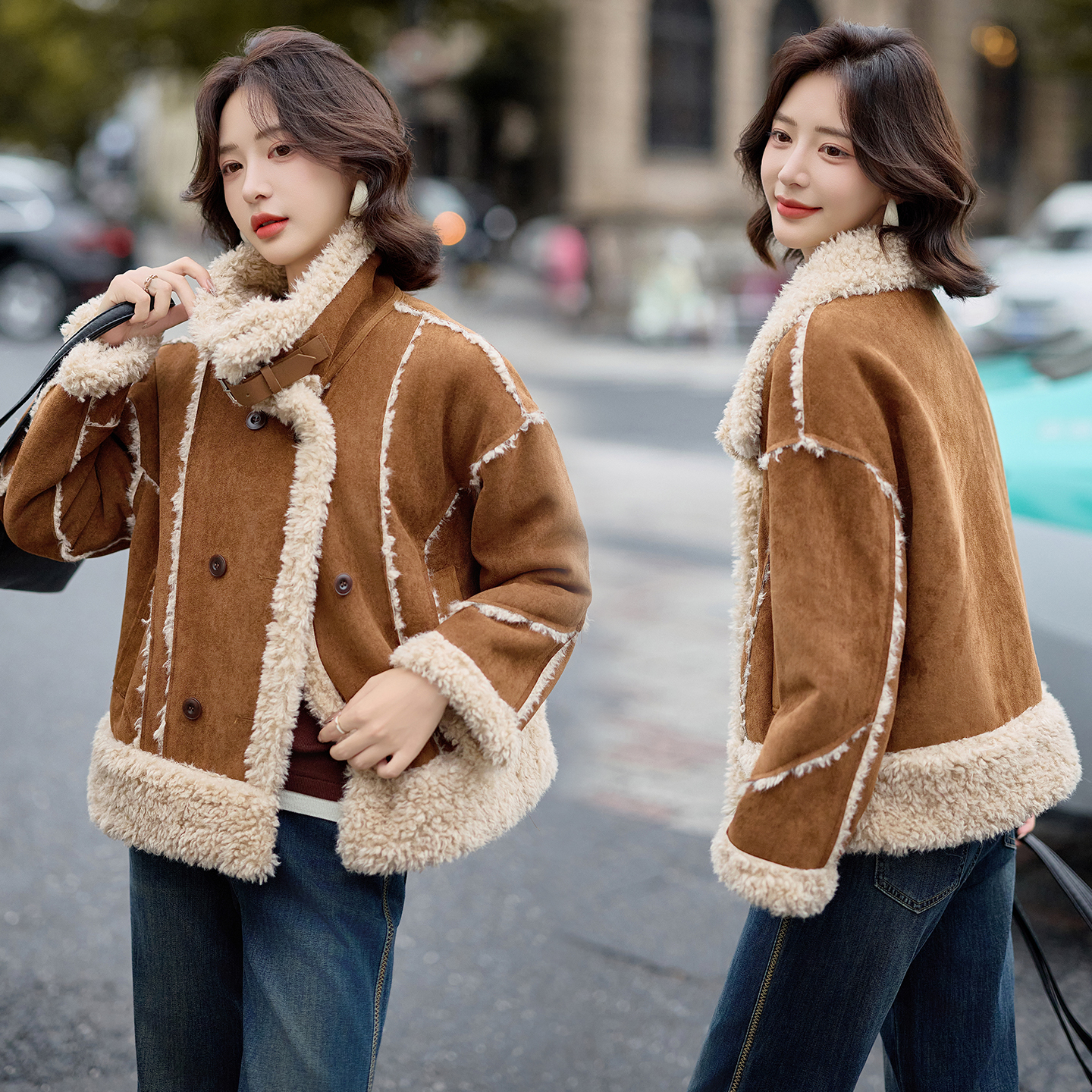 时尚羊羔毛拼接皮毛一体外套女2025冬季小个子加厚保暖鹿皮绒棉服