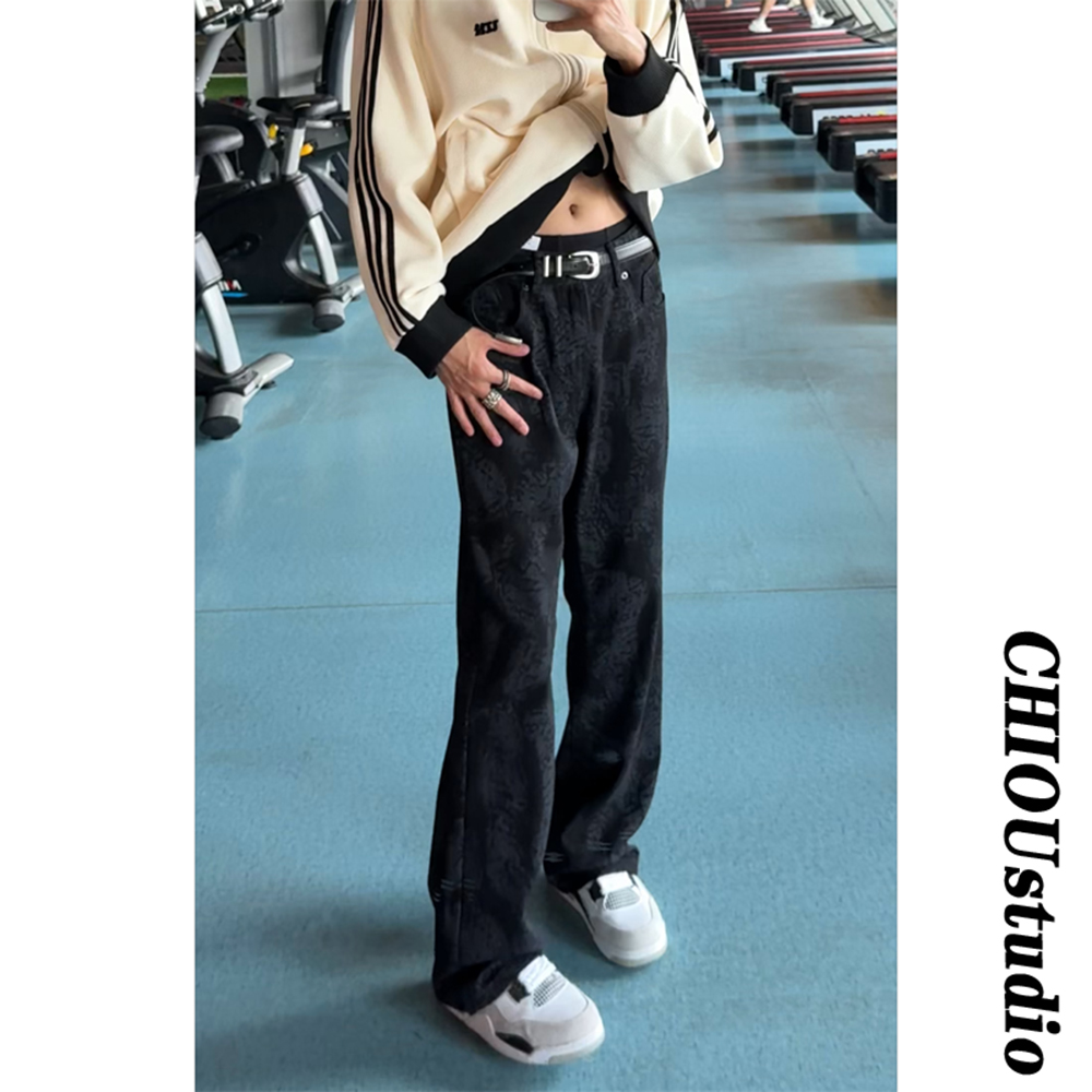 美式高街复古印花牛仔裤男女同款秋季新款高腰显瘦百搭直筒阔腿裤