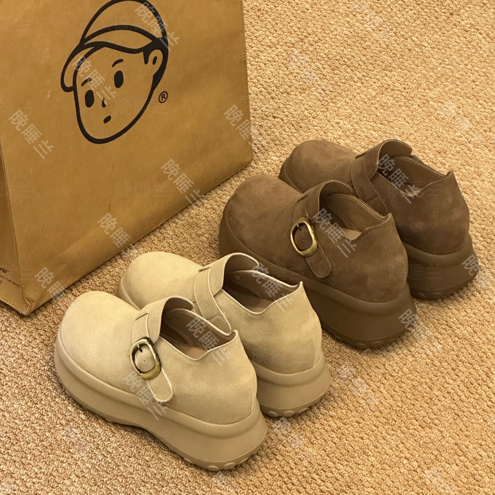 晚睡兰•内增高10cm牛皮运动勃肯鞋魔术贴厚底鞋女加绒保暖增高鞋