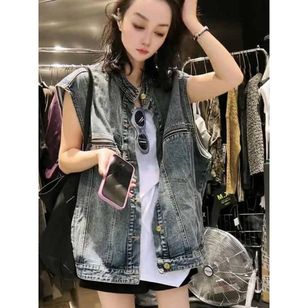 大版时尚叠穿无袖牛仔马甲外套女早春夏秋新款宽松休闲背心马夹