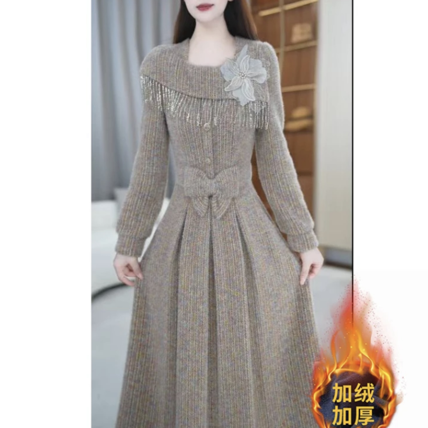 【连衣裙】2025秋冬款新款气质优雅修身显白时尚洋气中长款连衣裙