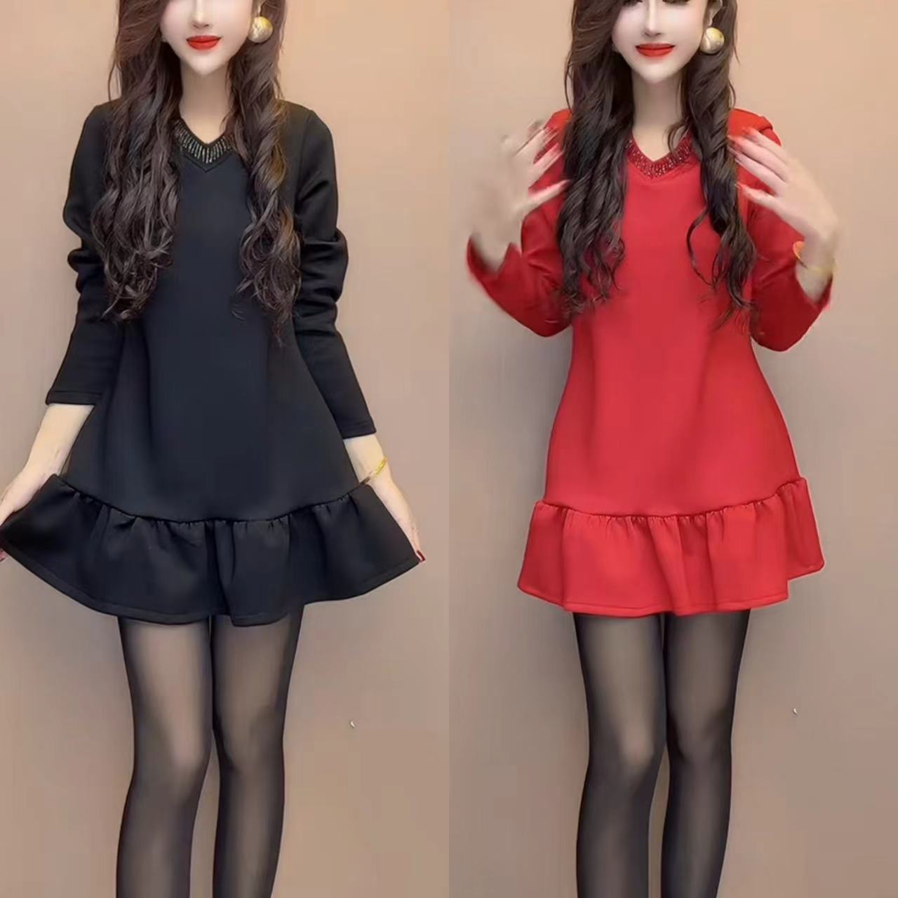 V领长袖拼接连衣裙洋气女装中长款