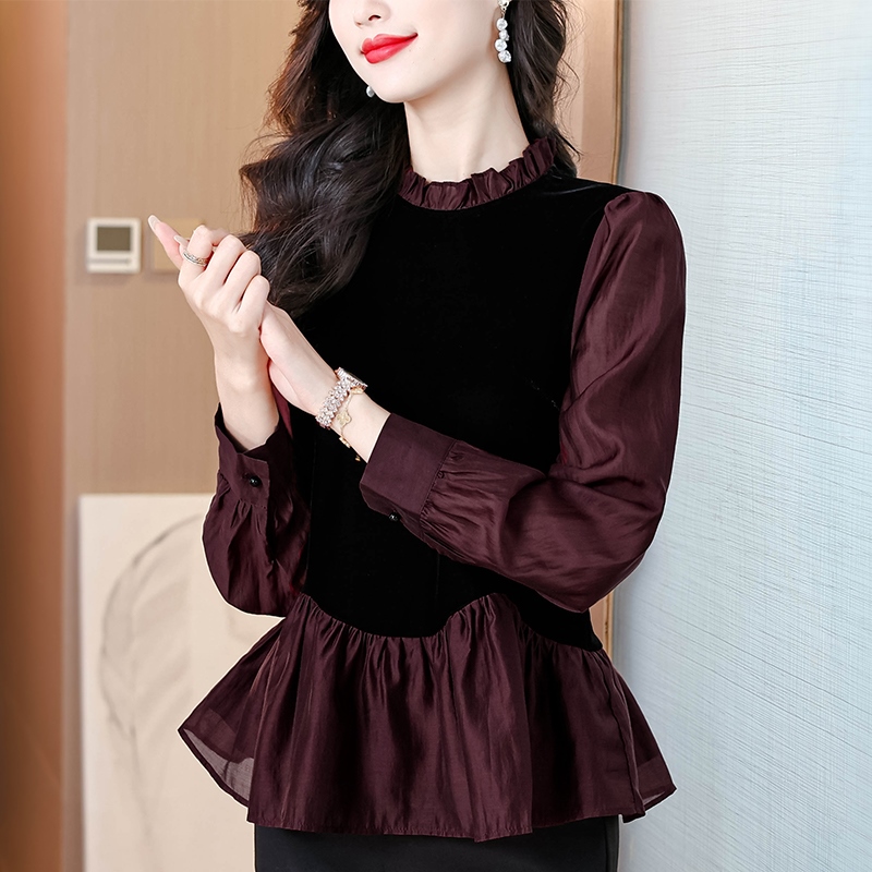 假两件拼接丝绒衬衫女长袖春秋新款时尚洋气小衫收腰遮肚裙摆上衣