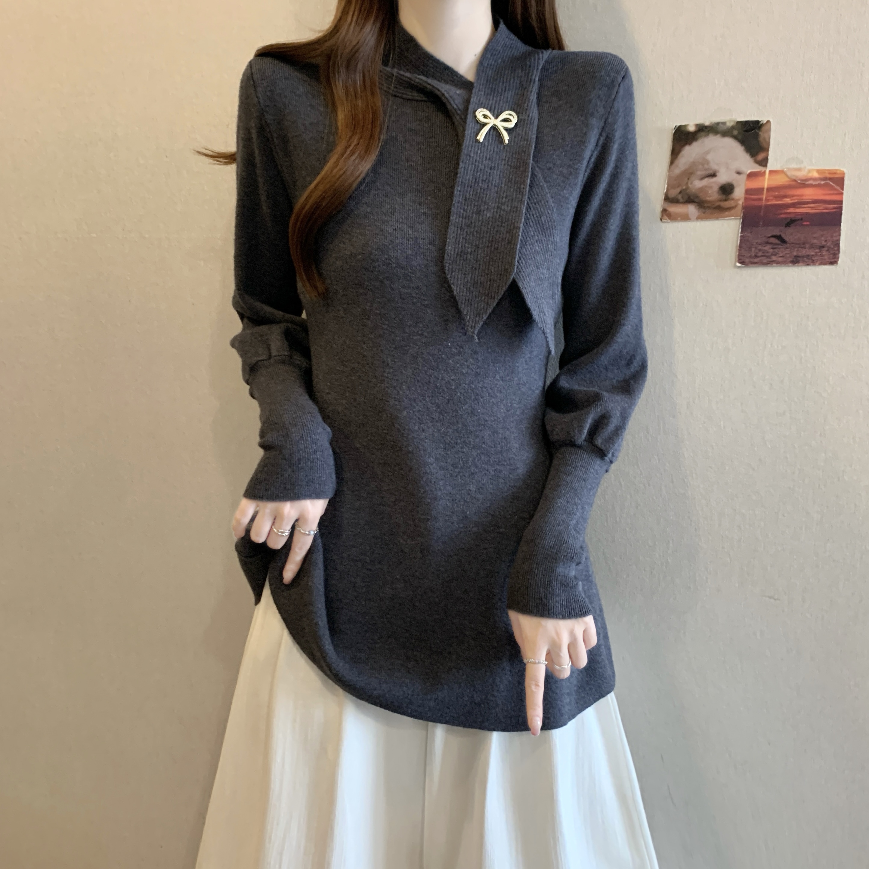 大码女装蝴蝶结系带长袖针织衫女秋冬胖mm设计感小众别致显瘦上衣
