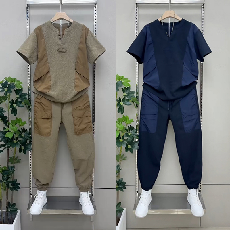 夏季新款撞色拼接薄款短袖长裤两件套男韩版百搭宽松休闲运动套装