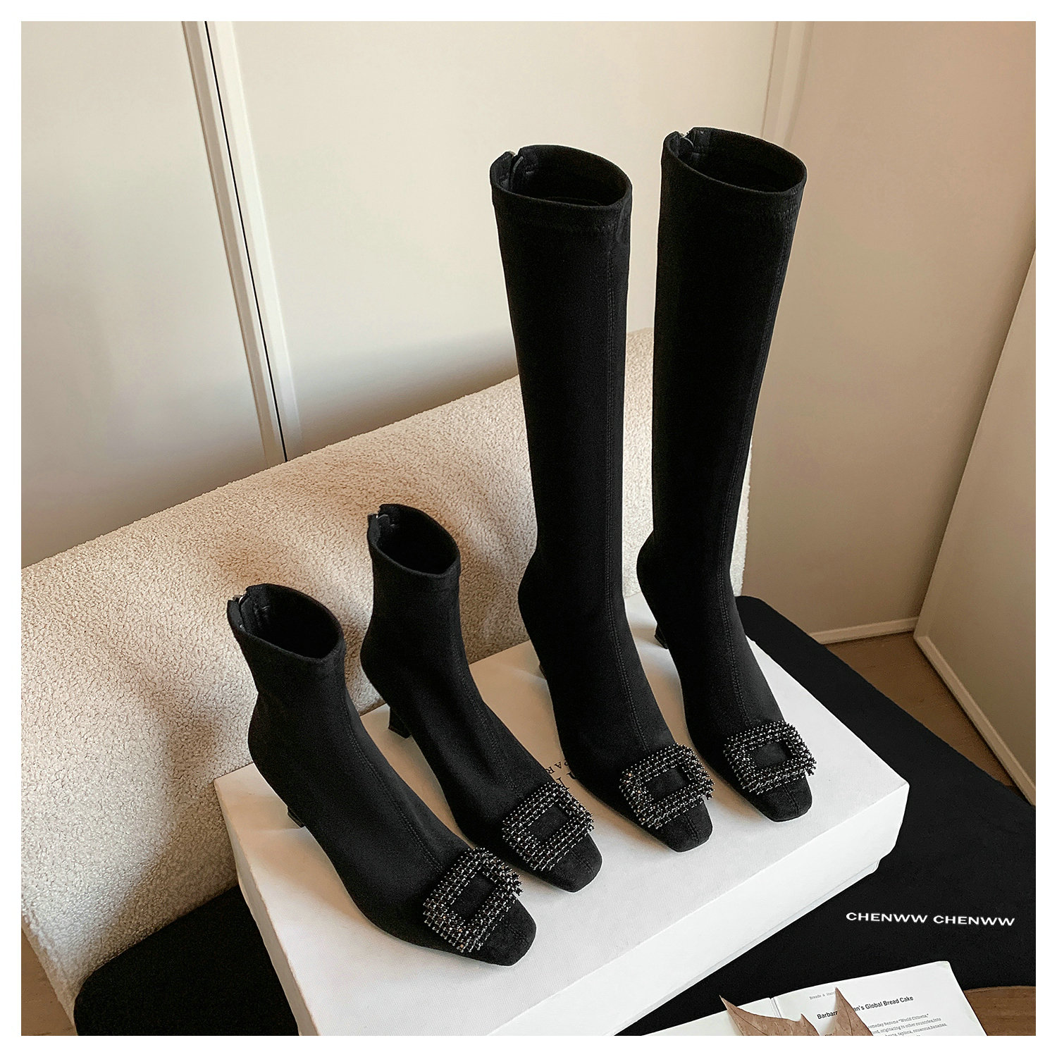 【CHENWW】高级黑显瘦显气质黑色时装弹力瘦瘦靴方头细跟绒面靴子女