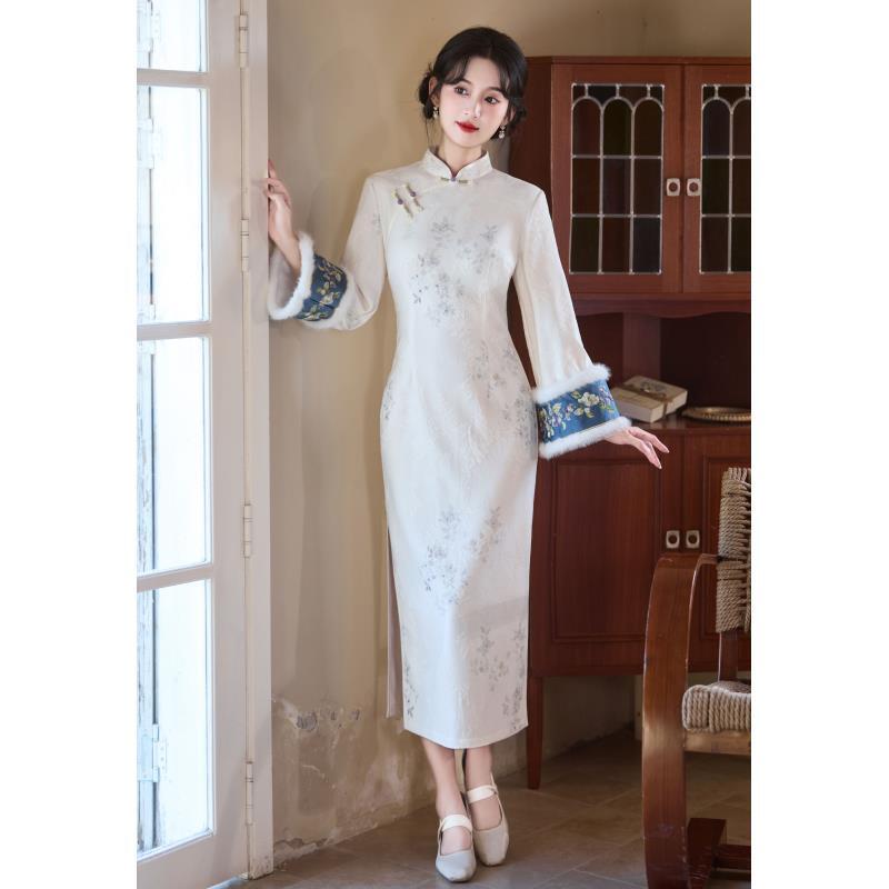 红雪【白絮花谣】冬季新款修身显瘦气质女人味旗袍加绒加厚改良版