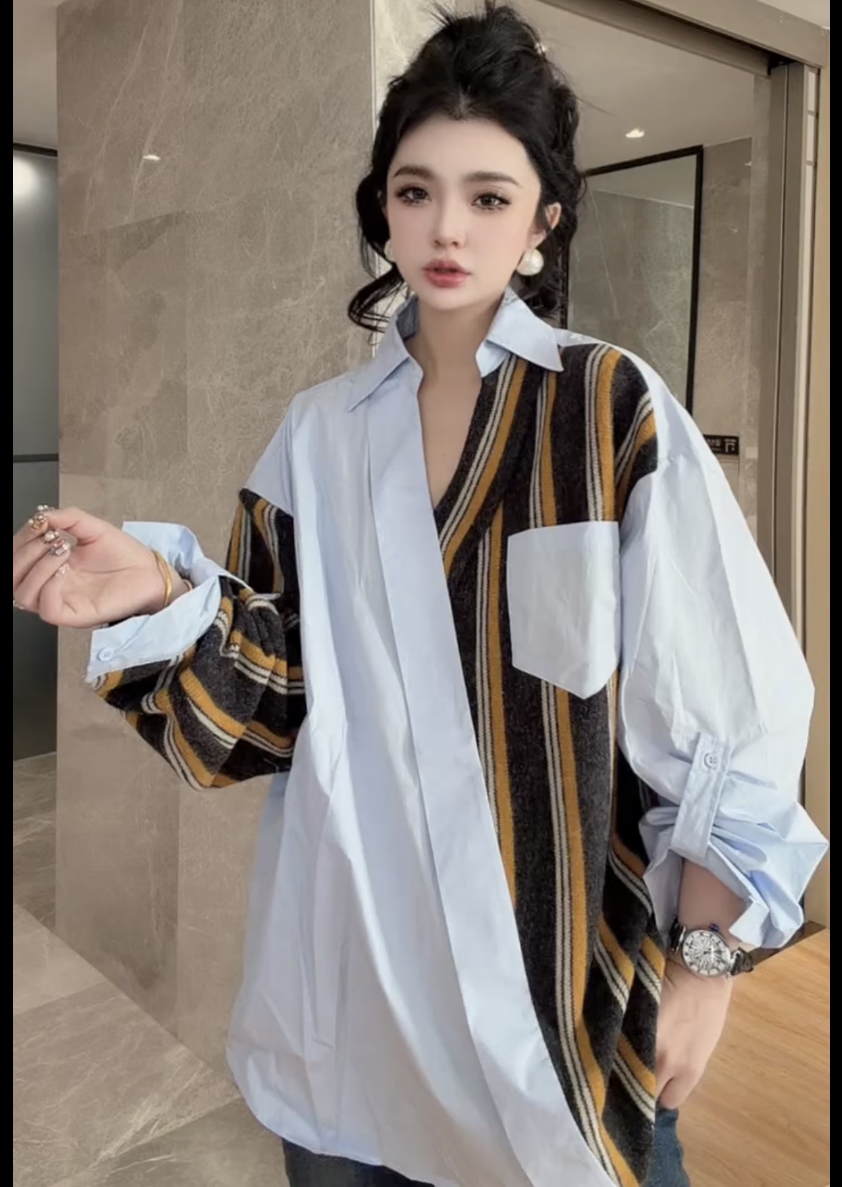 韩版百搭宽松拼接条纹polo领衬衫2026春季新款时尚休闲中长款衬衣