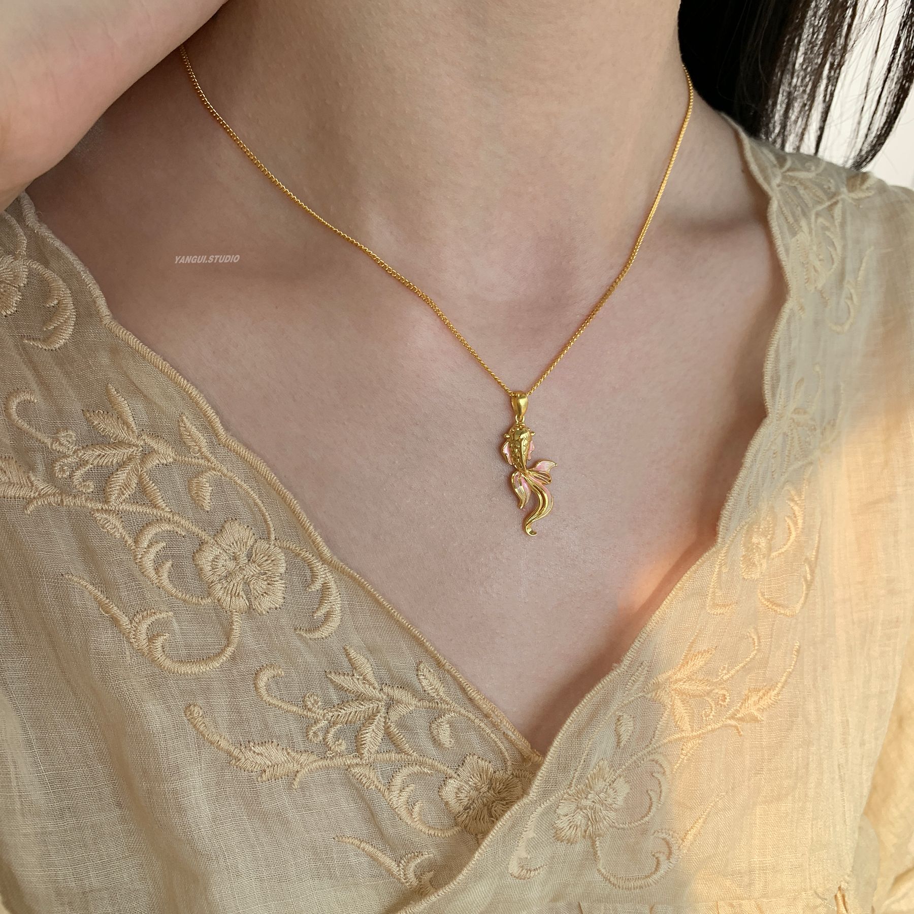 坠链均足银 燕归yangui“鲤鱼项链 ”足银999.9锦鲤镀金项链 5.4g