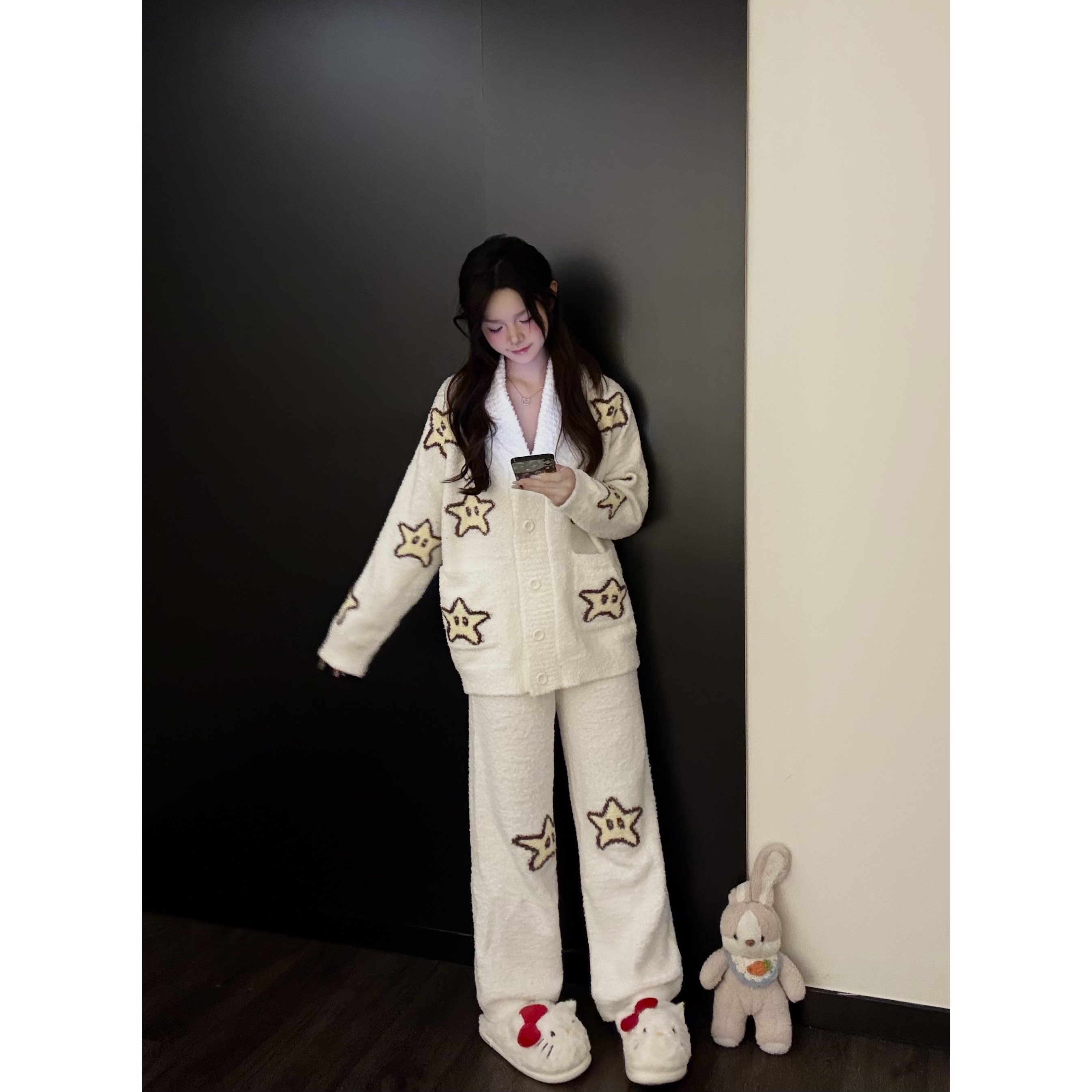 【DMXJ大梦想家】甜美卡通星星半边绒睡衣女冬季新款保暖家居服套装