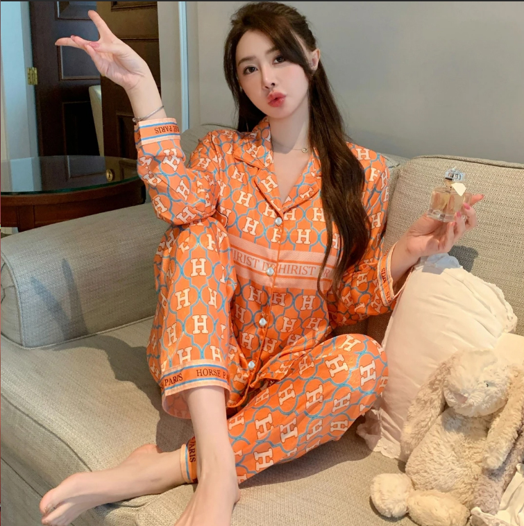 【粉丝专享】轻奢睡衣女春秋季开衫长袖长裤加大宽松家居服套装796