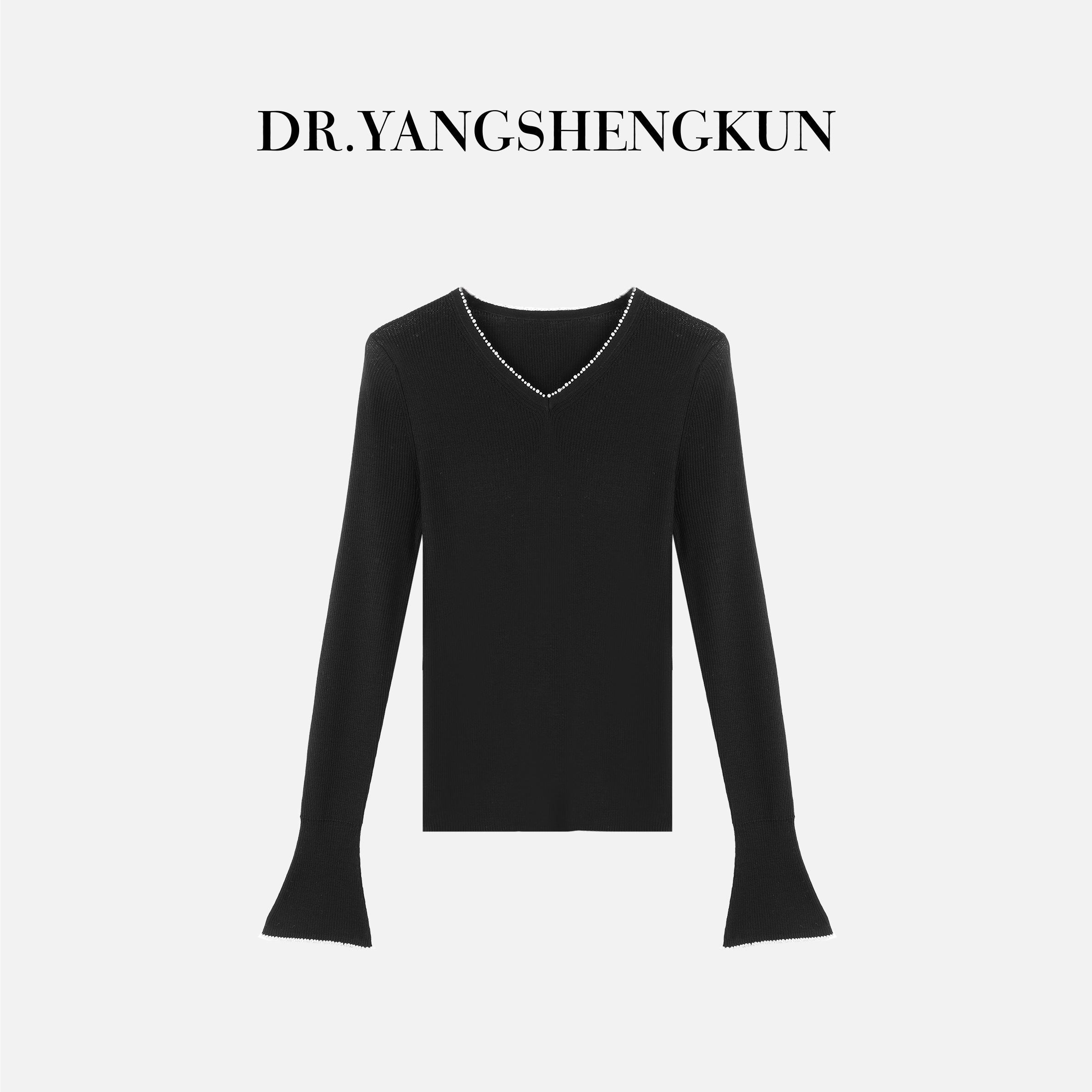 杨圣坤2025新品100%美丽诺羊毛V领钉珠修身打底针织衫SQ25120510