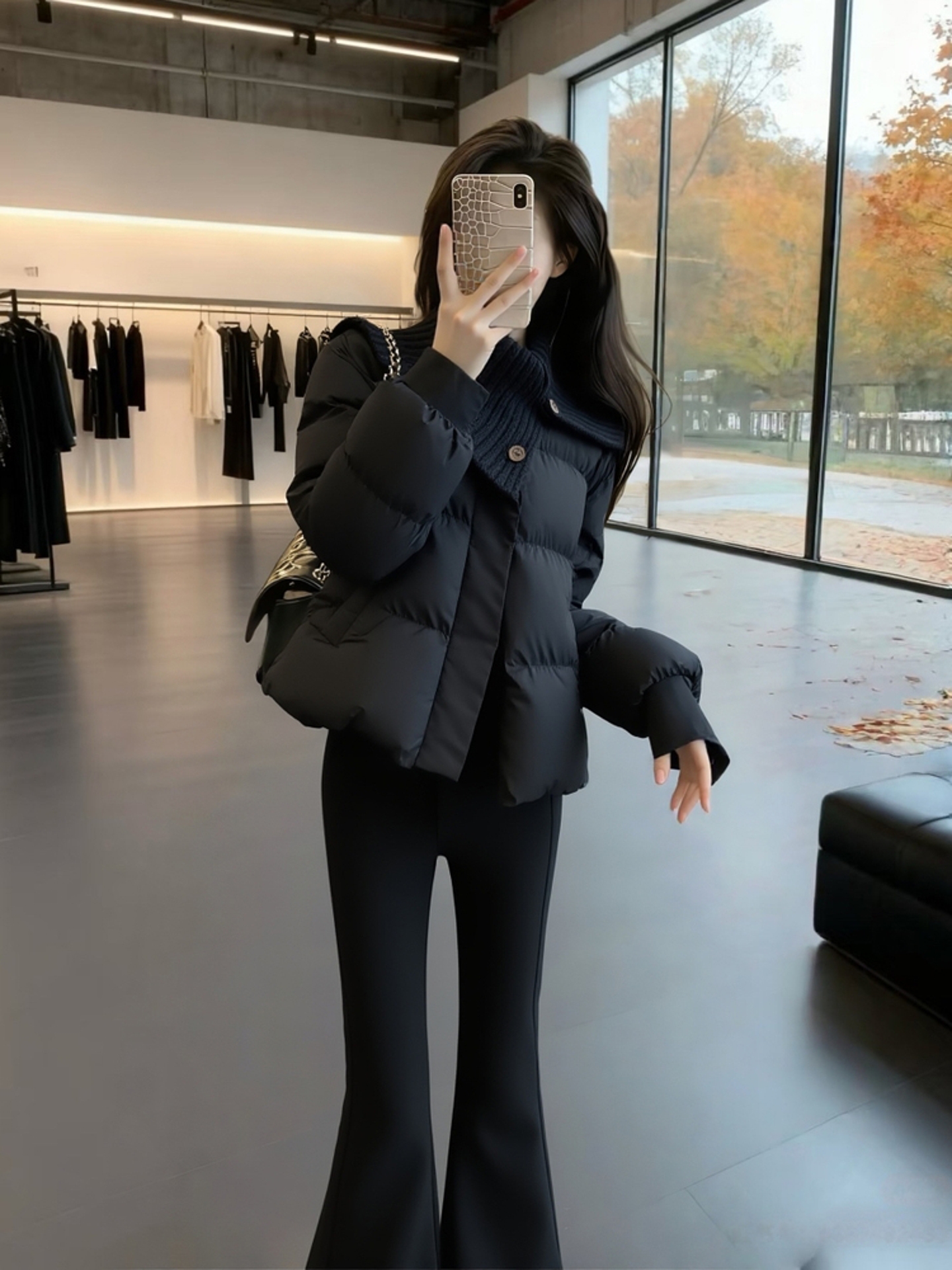 高级感针织翻领拼接宽松棉服2025新款冬季设计感小香风短款外套女