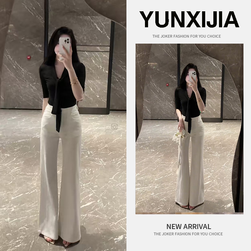 2025年夏季时尚穿搭薄款V领水短袖衬衫百搭高腰长裤两件套