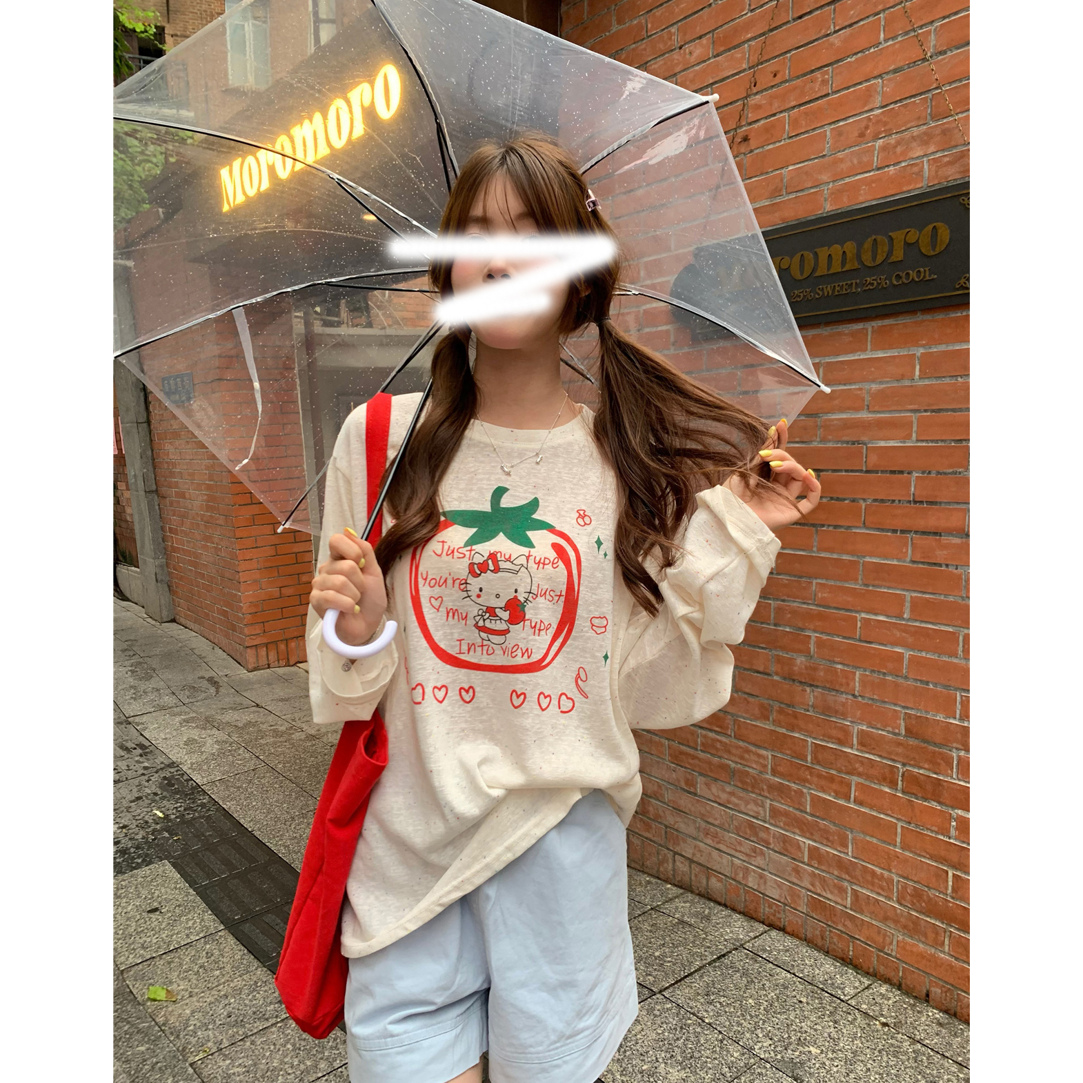 彩点番茄小猫咪长袖T恤2025夏季圆领新款薄款宽松慵懒防晒上衣T恤