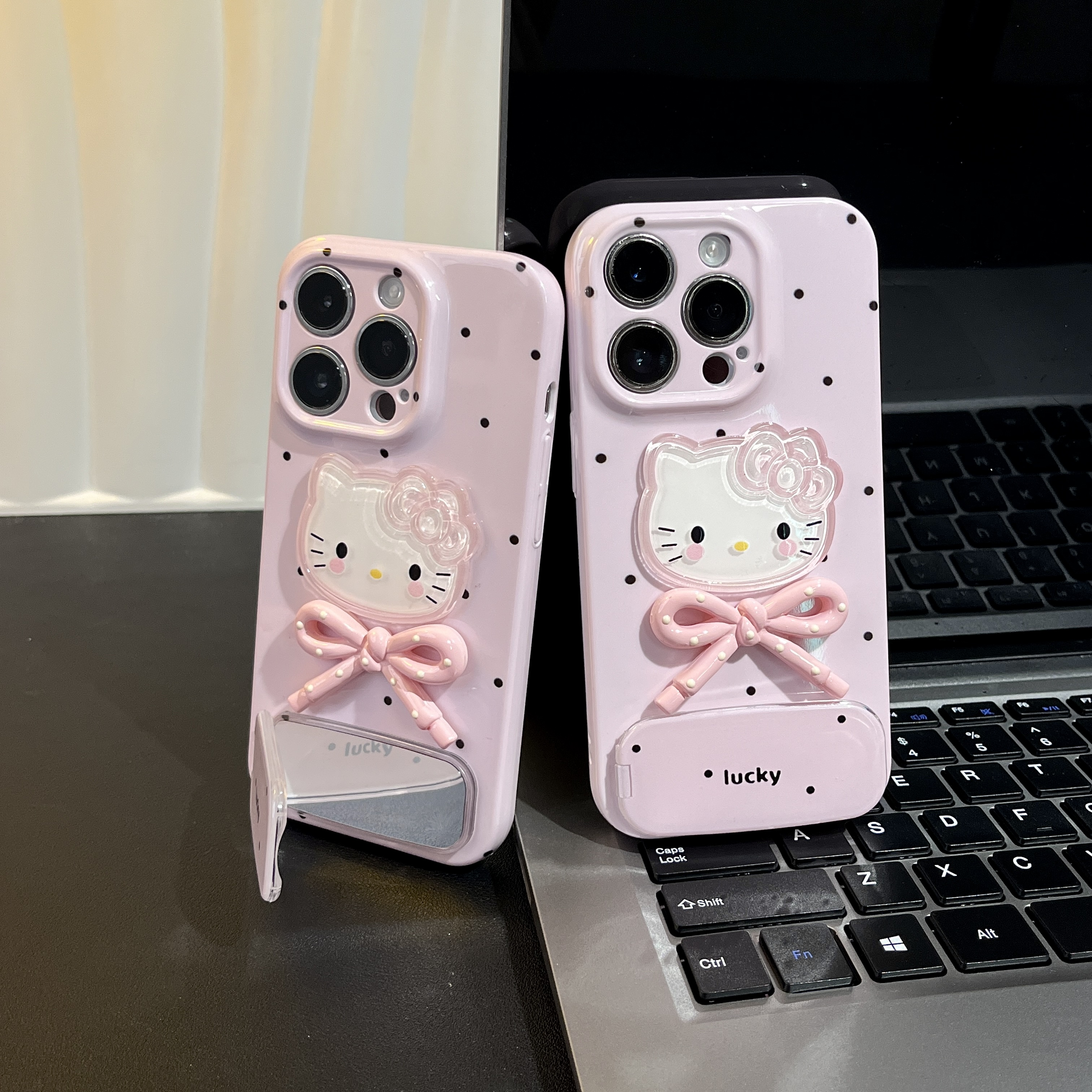 少女粉波点kitty镜面支架适用苹果16手机壳13华为vivo小米15oppo