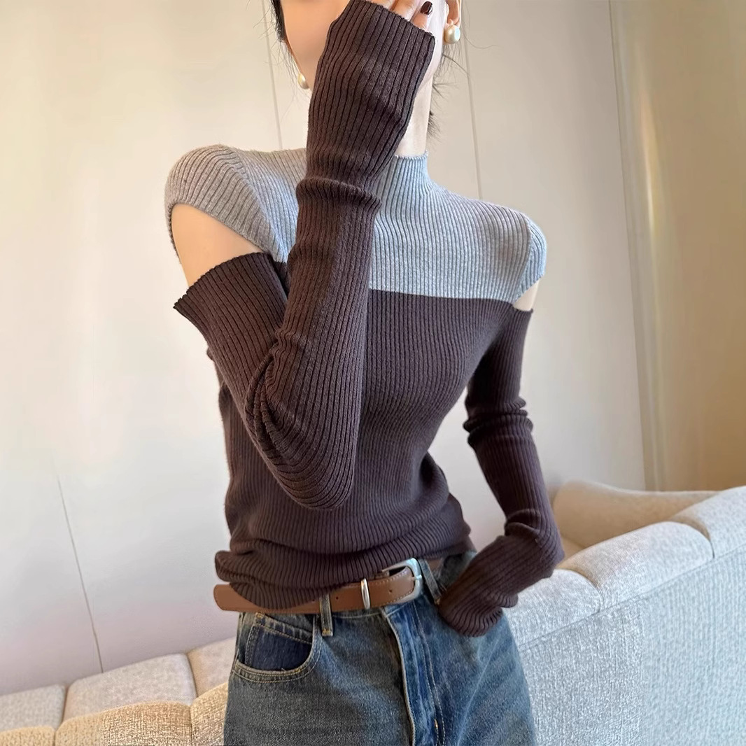 dn7拼色半高领露肩针织衫女秋冬新款设计感小众打底毛衣