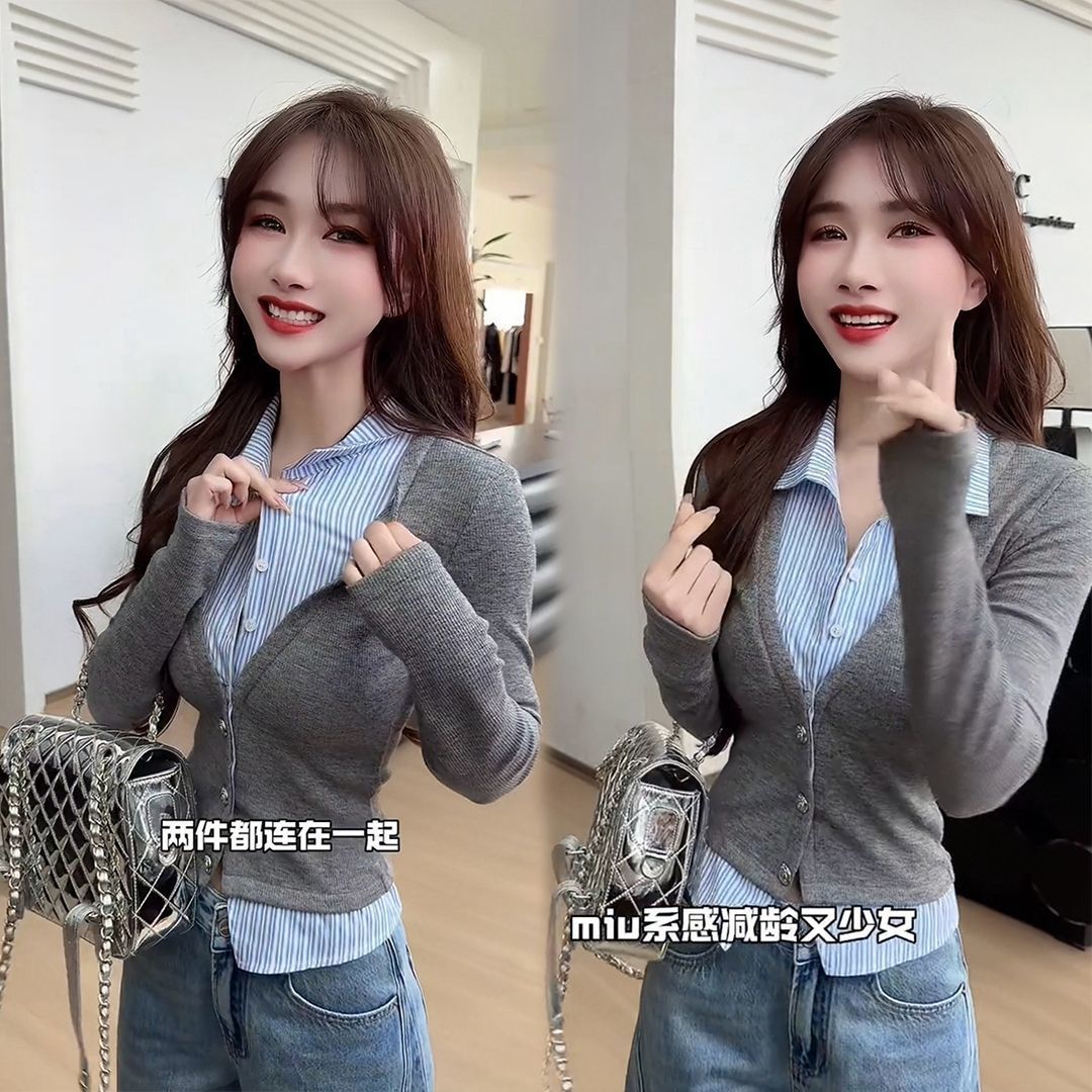 【万达撤柜】新款韩版条纹拼接领长袖针织衫女春夏假两件上衣潮时
