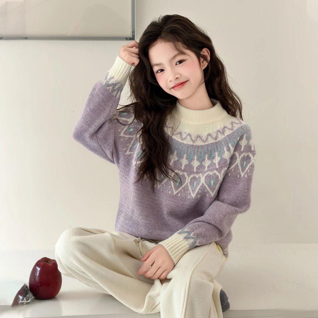 女童费尔岛紫色提花毛衣显白洋气2025新款加厚中大童针织衫甜美风
