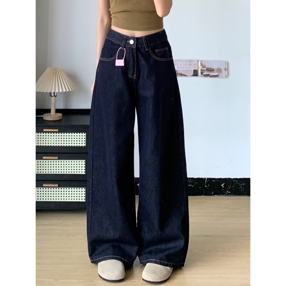 美式复古蓝原色阔腿牛仔裤女2025春夏新款高腰宽松显瘦遮跨直筒裤