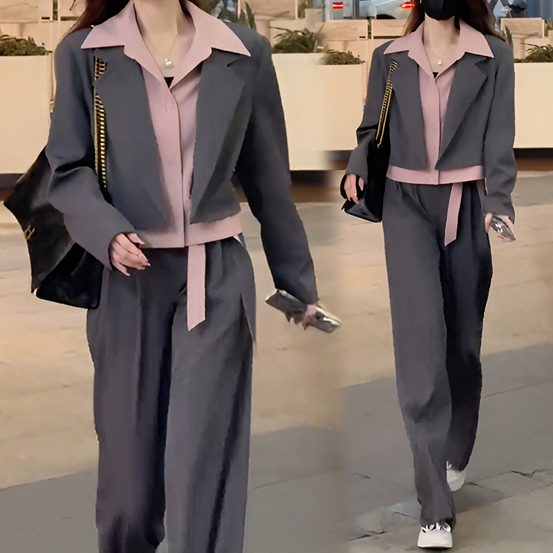 气质假两件套装女2025春秋季新款时髦小个子西装外套阔腿裤套装潮