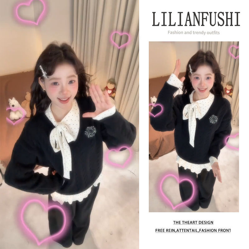 秋冬穿搭2025新款百搭花边打底衫叠穿长袖针织衫显瘦阔腿裤三件套