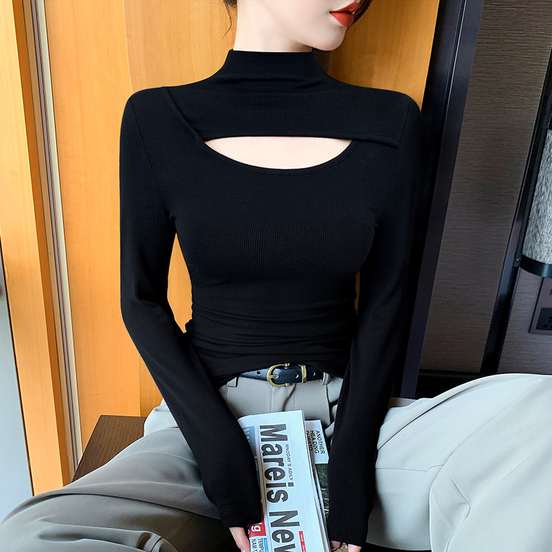 半高领打底衫女内搭2025新款春秋洋气黑色内搭镂空小心机修身上衣