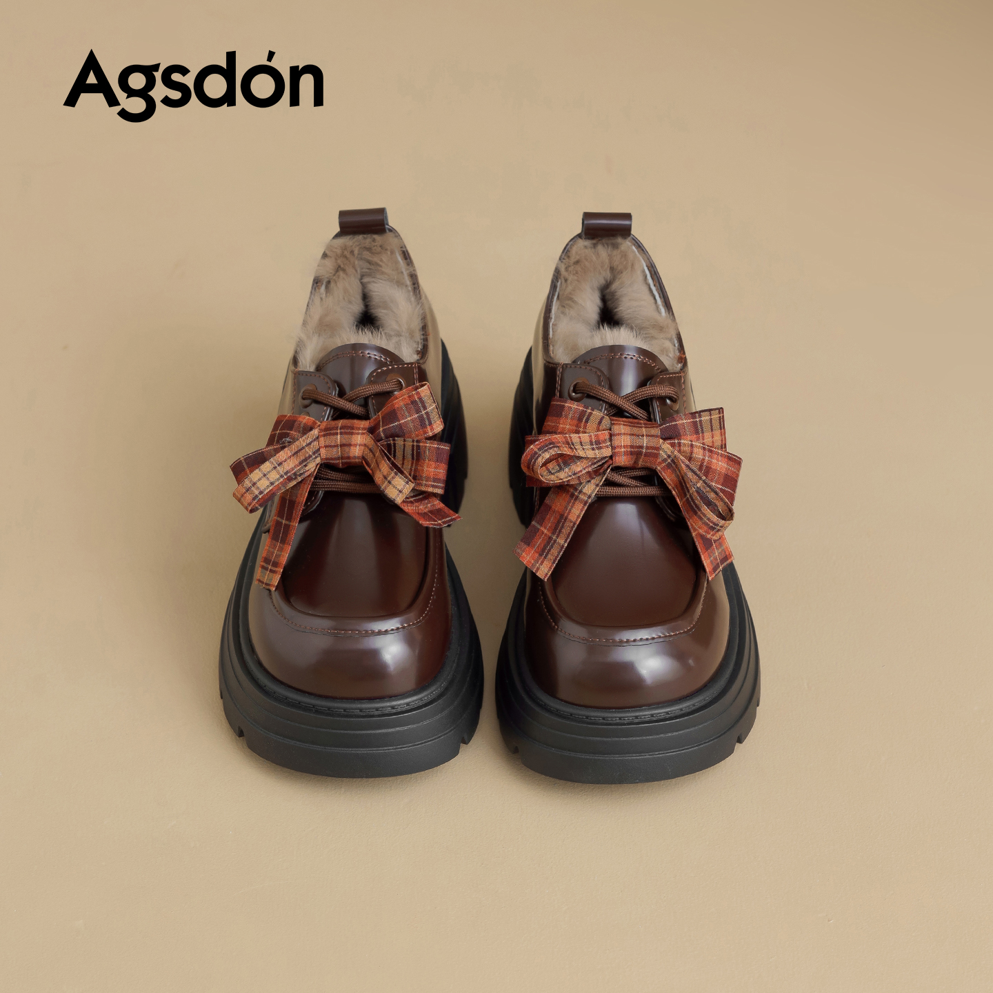 奥古狮登棕色乐福鞋女2025新款冬季加绒加厚保暖小皮鞋厚底单鞋xx