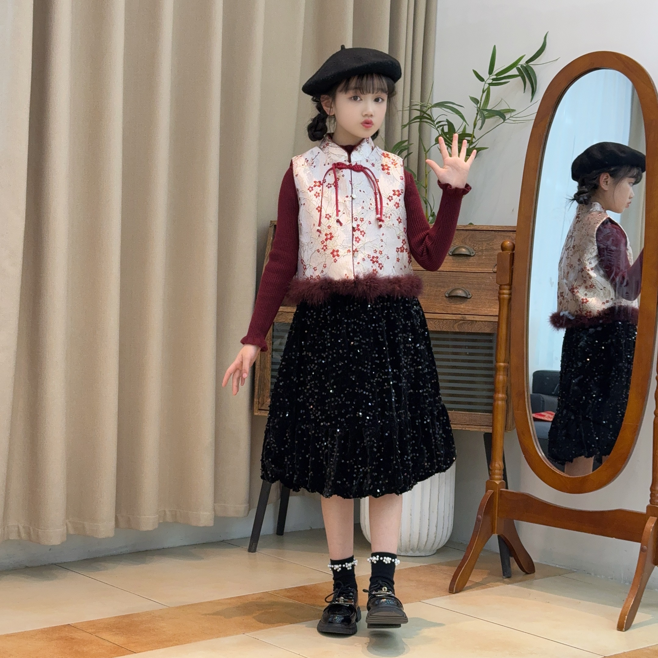 三件套  复古中国风 马甲加棉 裙子加绒 毛衣不加绒 拜年服过年穿