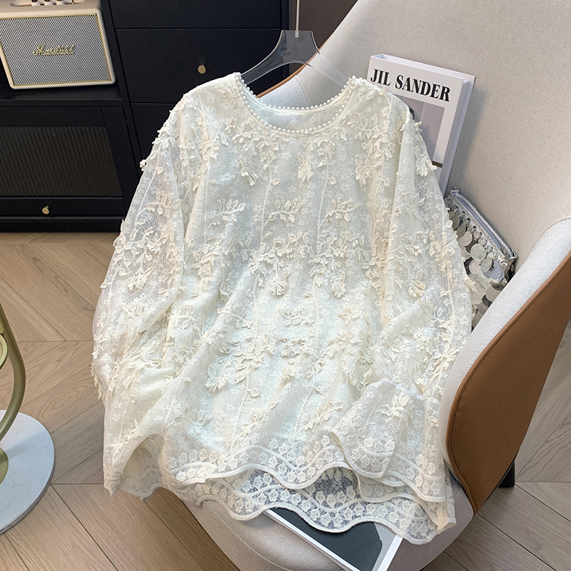 2025春夏宽松休闲法式蕾丝打底衫衬衫绣花长袖圆领上衣女图片色镂