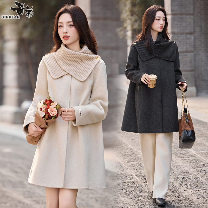 动感哥弟秋冬中长款毛呢外套女法式高端呢子衣手缝斗篷大衣防风