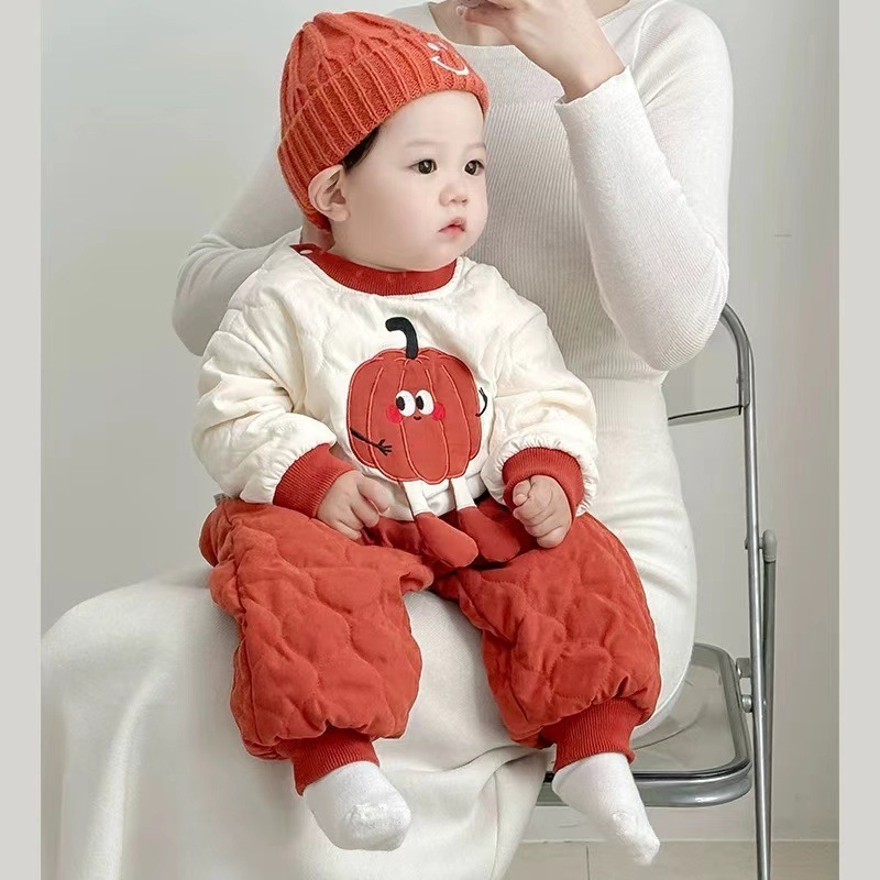 时尚婴儿衣服春秋新款男孩棉服冬季宝宝夹棉套装分两件外穿冬装款