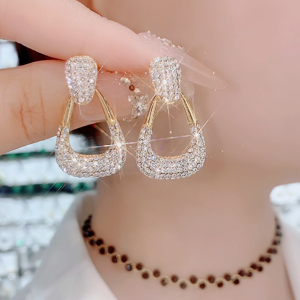 铜合金玻璃耳饰 495-气质银针几何时尚有钱包气质灵动优雅耳环