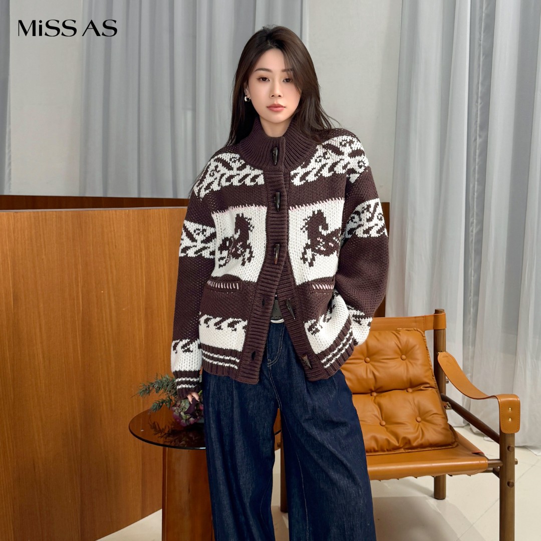 【AVVENN】马年主题花型费尔岛针织开衫上衣时尚洋气百搭26潮牌新款