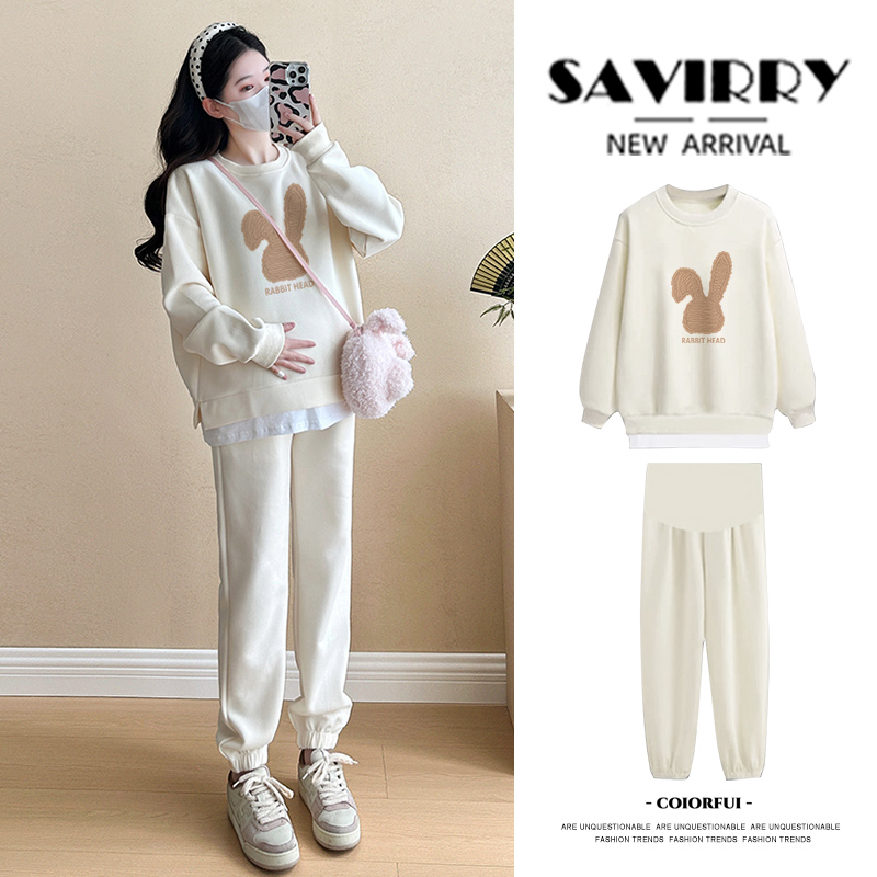 孕妇2025新款春秋弯耳线形兔休闲假两件卫衣＋托腹卫裤外穿两件套