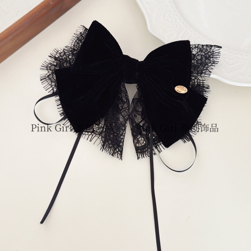 Pink Girl  T185新款秋冬丝绒蕾丝拼接弹簧夹蝴蝶结发饰发夹法式