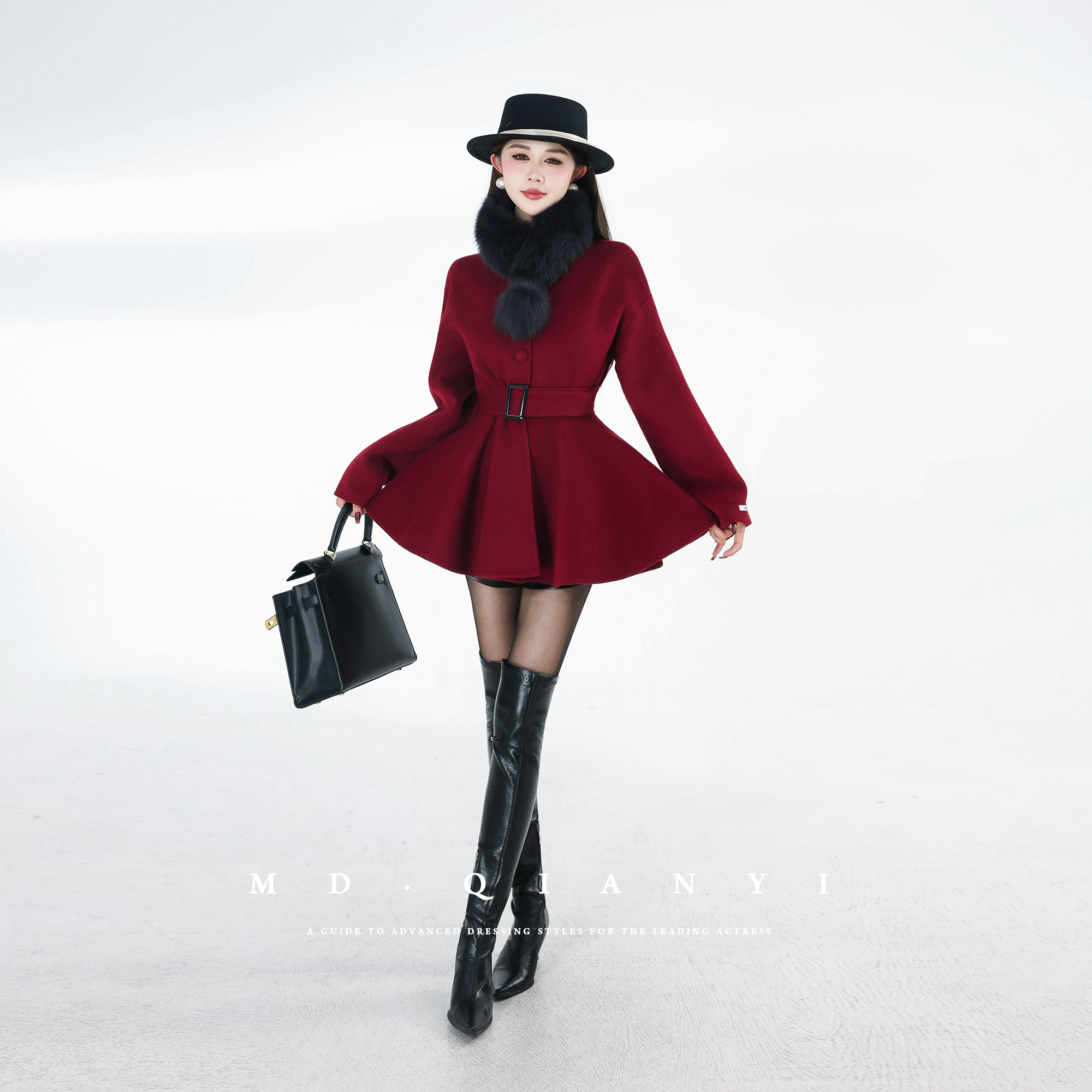 MD定制·杨千亿【简红之力】2025冬季羊毛呢外套拼接毛领时尚百搭