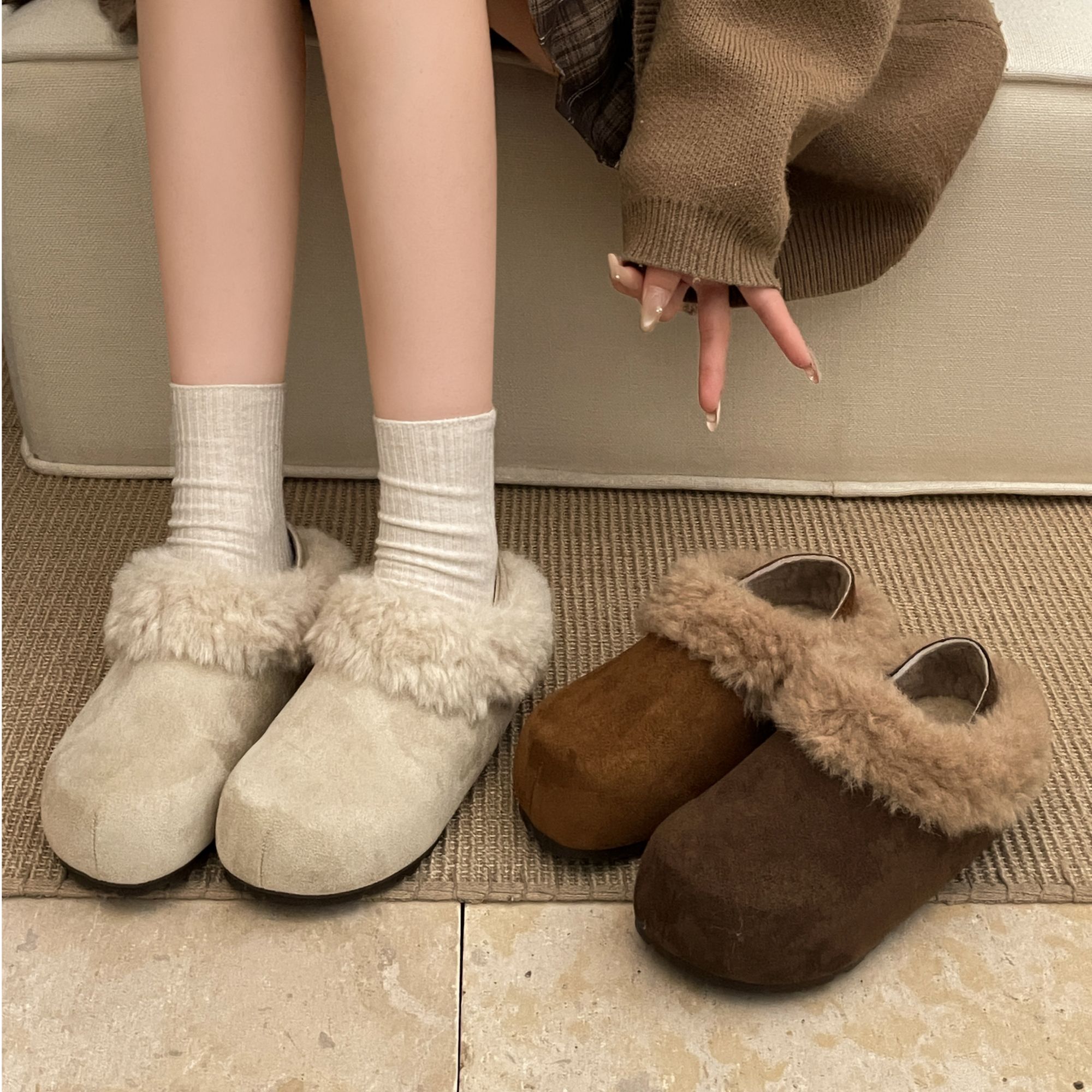 棕色网红厚底增高包头拖女外穿2025新款秋季百搭复古加绒勃肯半拖