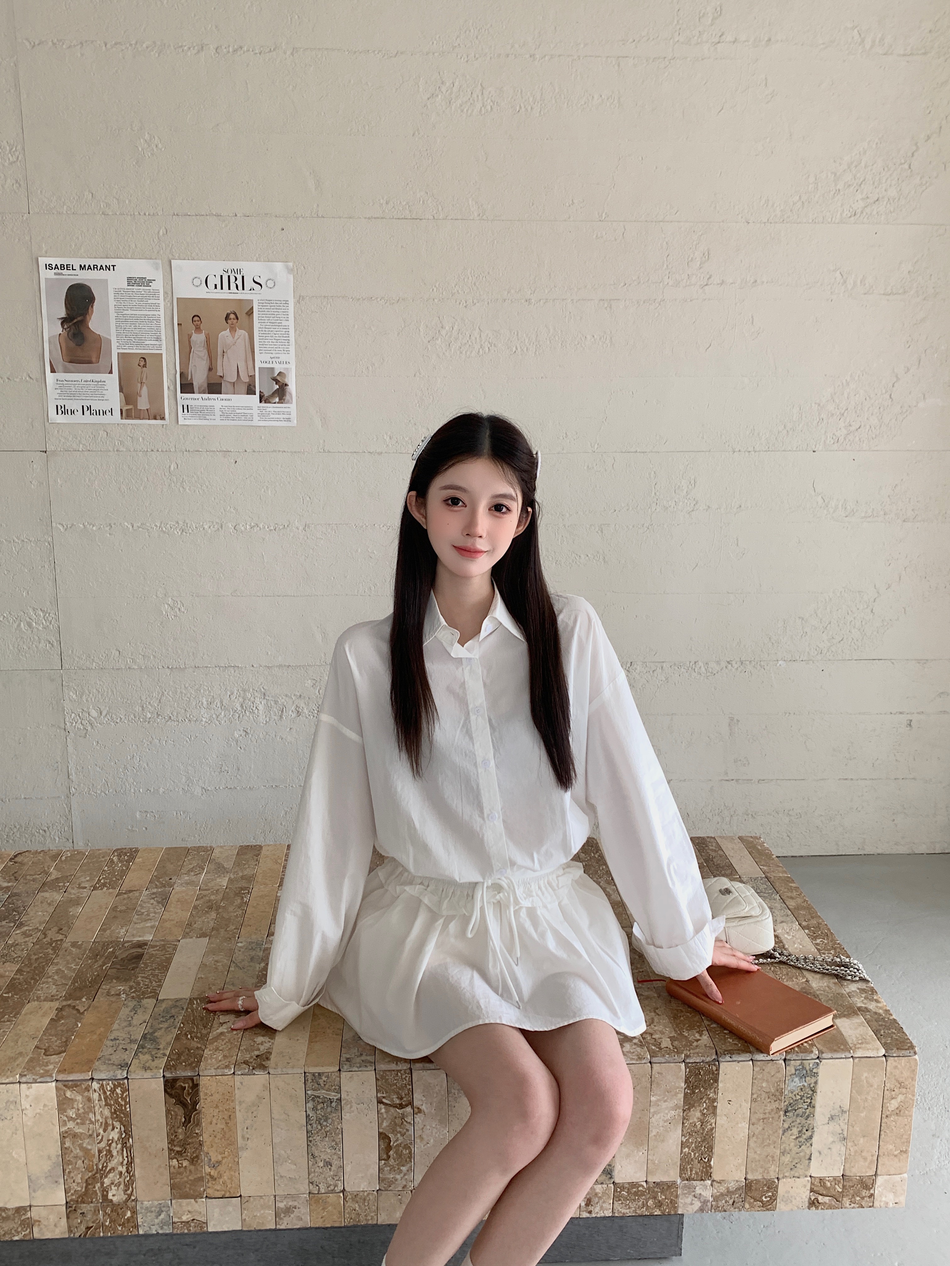BETMASS纯色白色绝美衬衫长袖套装设计感上衣半身裙短裙两件套