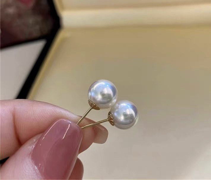 天然海水日本akoya珍珠18k金耳钉正圆强光白透粉气质百搭简约微瑕